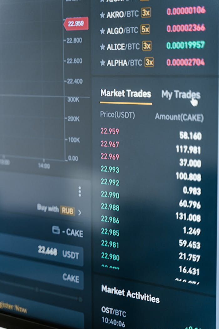 About Close-up of a cryptocurrency trading screen showing market trades and activities.